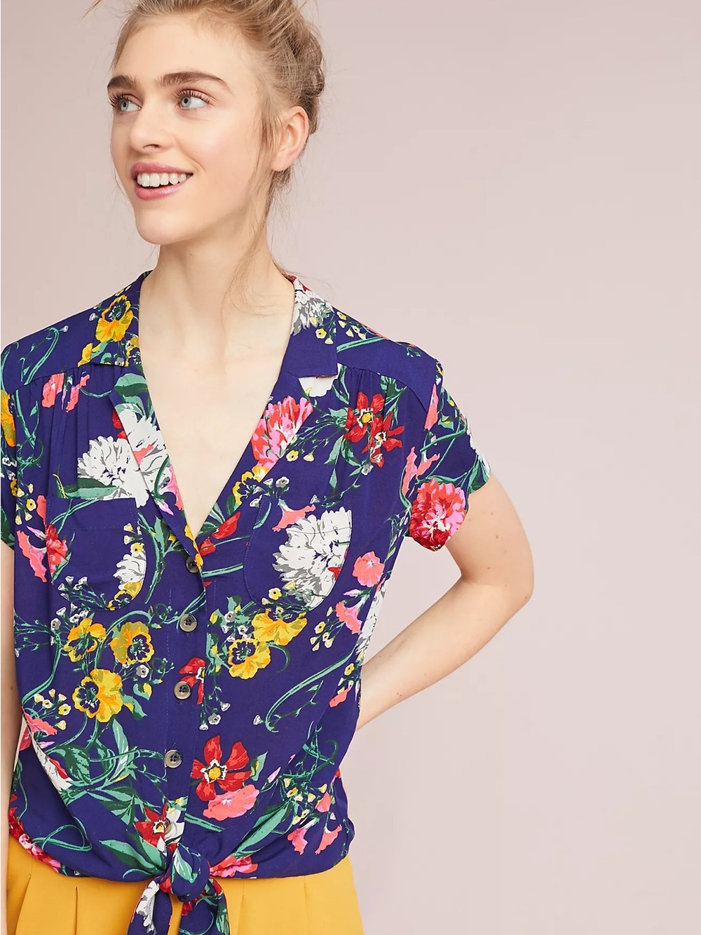 Maeve Navy Floral Tie-Front Button-Down Bateau Shirt size 2